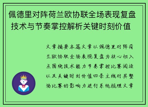 佩德里对阵荷兰欧协联全场表现复盘 技术与节奏掌控解析关键时刻价值