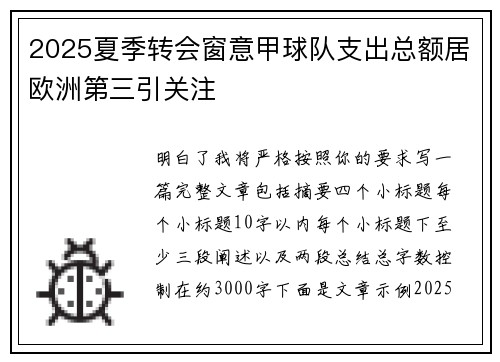 2025夏季转会窗意甲球队支出总额居欧洲第三引关注