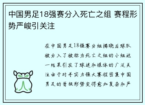 中国男足18强赛分入死亡之组 赛程形势严峻引关注